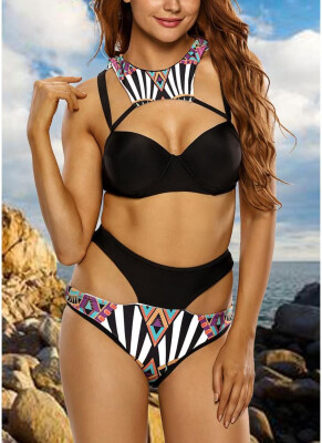 

2018 Sexy Women Bikini Set Swimsuit Push Up Swimwear Cut Out Printed Padded Two Piece Bathing Suit