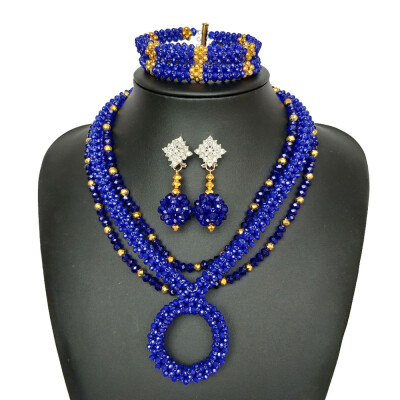 

Multi-layer Blue Crystal Bead Bridal Statement Necklace Earrings Bracelets Sets African Beads Wedding Jewelry Sets For Women