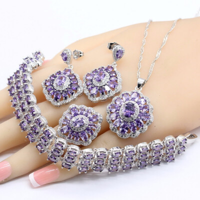 

925 Silver Jewelry Sets For Women 2018 New Purple Amethyst 4PCS Necklace Pendant Bracelets Earrings Rings