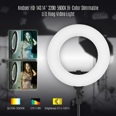 

Andoer HD14S 14 Inch Studio Ring 36W 32005600K BiColor Dimmable LED Light Lamp Builtin 192pcs SMD LEDs Digital Photographic Li