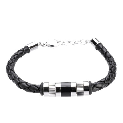 

Simple Silver Black Real Leather Bracelet