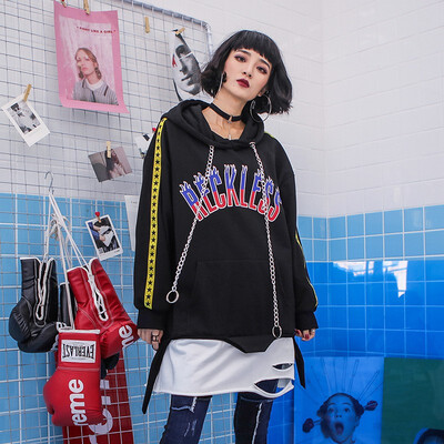 

Women 2018 Spring New BF Hooded Sweatwear Long-sleeved Long Loose Hit Color Hole Hoodies Sweatshirts