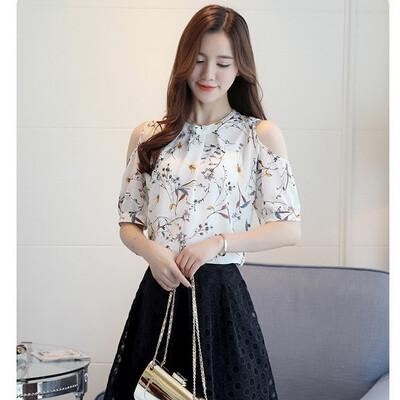 

2018 Summer off Shoulder Chiffon Floral Printed Blouse Shirt Women Tops Elegant Plus Size Ladies Korea Blouses Female