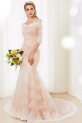 

Mermaid Trumpet Off Shoulder Court Train Floral Lace Wedding Dresses with Buttons by CIRCELEE® Illusion Sleeve