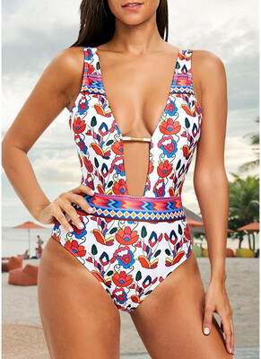 

2018 Floral Print Plunge V Neck High Waist Backless One Piece Swimsuit