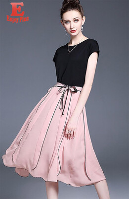

M L elegant new summer 2018 women dress short sleeve black&pink casual slim A line knee length ruffles O neck
