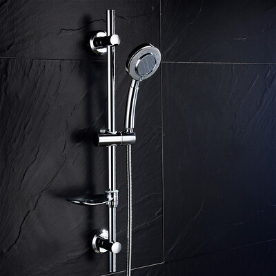 

Free Shipping Stainless Steel Shower Set With Chrome Adhesive Sliding bar Adjustable Height Hand Held Shower&Soap Dish
