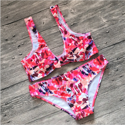 

2018 Sexy Print Vest Women Bikinis Set Strap Swimsuit Women Mid Waist Swimwear Front Tie Knot Biquini Bathing Suit