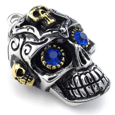 

Hpolw Mens Gothic Tribe Stainless Steel Black&Gold SkullSkeleton Pendant Sapphire Necklace18-26 inch Chain