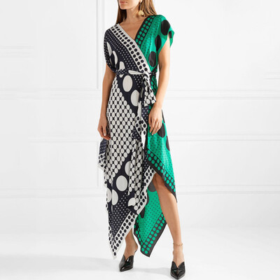 

Patchwork Print Dress Female V Neck Short Sleeve Belt High Waist Irregular Long Holiday Dresses Summer Elegant New