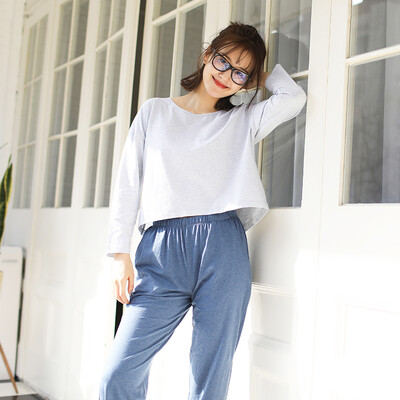 

Haizhining 17W49 Pajamas ladies sexy colorful nine-point sleeves long-sleeved trousers cotton home service suit home clothes two-piece pink blue 160