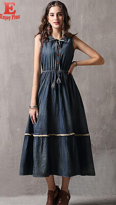 

S M L vintage jeans new summer 2018 long dress women sleeveless denim dark cotton blue slim A line elegant mid calf lady