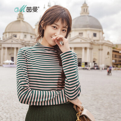 

INMAN 2018 autumn new wild striped half-high collar comfortable long-sleeved shirt T-shirt female 18830VP21027 pink M