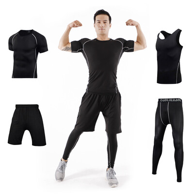 

Fan Dimu workout clothes sports suit four-piece fitness clothes tight compression clothing men&women training running clothes FNZ9001-black line - short sleeve four-piece -L