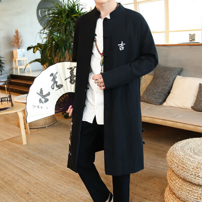 

Chinese style JI embroidery single buckle cotton&linen long windbreaker jacket