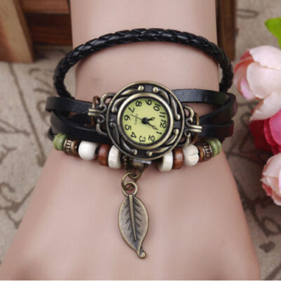 

Details about Pop Fashion Pretty Leather Bracelet Leaf Decoration Alloy Quartz Wrist Watch