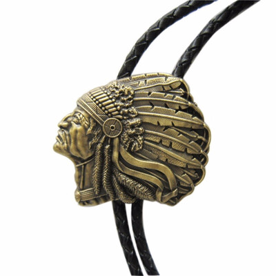 

New Vintage Bronze Plated Western Chielf Wedding Leather Necklace Bolo Tie