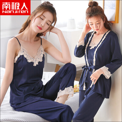 

Antarctic Pajamas Women Summer 3 Piece Long Sleeve Sexy Imitation Silk Princess Sweet Ice Silk Sling Pajamas Korean Lace Home Service Orange M
