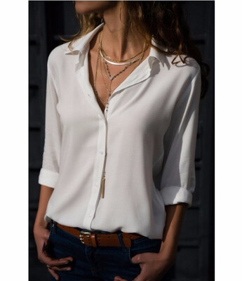 

2018 Womens Fashion Solid Color Roll Sleeve Shirts Casual Tops Blouse