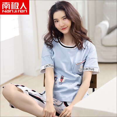 

Antarctic pajamas women summer cotton short-sleeved two-piece suit cartoon Korean version of fresh students cotton wear home service blue&white XL
