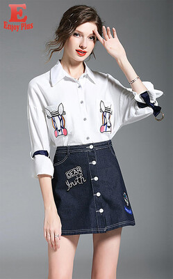 

M L XL casual new summer 2018 women dress half sleeve two piece clothes set blue white blouse&skirt cartoon lady