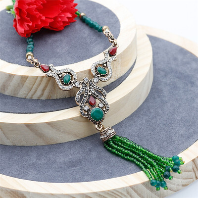 

Gorgeous Turkish Natural Stone Beads Tassels Necklace For Women Antique Gold Color Resin Pendant Long Sweater Chain Boho Bijoux