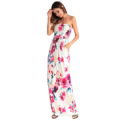 

Woman Fashion Boho Maxi floral Print Dresses ladies sexy strapless Summer Sundress party Vestidos Beachwear robes