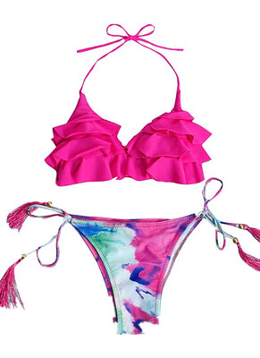 

2018 Sexy Women Bikini Set Ruffles Self-tie Two Pieces Frill Beach Swimwear