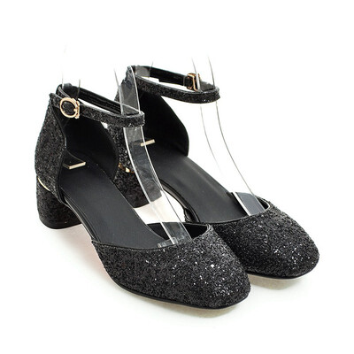 

IDIFU Womens Stylish Sequined Ankle Strap Sandals - Closed Square Toe Solid Color - Buckle Block Medium Heel Bridal Shoes