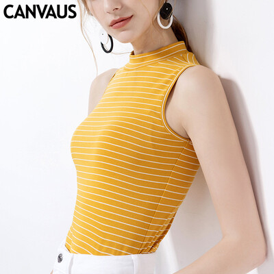 

Canvaus Summer New Women Half-high Collar Horizontal Stripes Slim Casual Fashion Sleeveless Cotton T Shirt