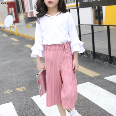 

Children Girls Clothes Set Summer Tops & Wide Leg Pants Solid Chiffon Flare Sleeve Kids Clothing Suits 5 6 7 8 9 10 11 12 Years