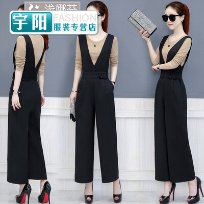 

Strap wide pants suit female quarter waist professional black jumpsuit loose casual pants