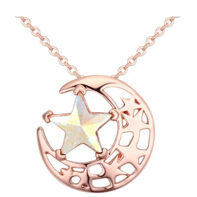 

Star And Moon Pendant Necklace MADE WITH Austrian Crystals From Swa Elements For Women Gift Rose Gold Plated 23547