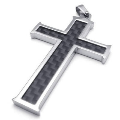 

Hpolw Jewelry Black&Silver Carbon Fiber 316L Stainless Steel Mens Cross Pendant Vintage Polished -with 18-26 inch Chain