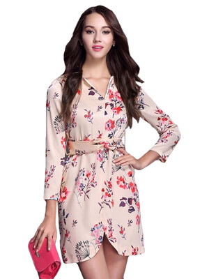

Floral V Neck 34 Sleeves Mini Dress With Back Zipper