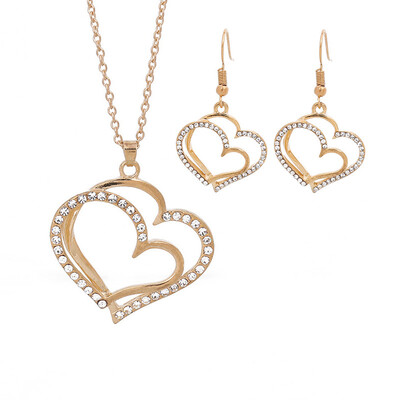 

Simple Double Heart Crystal Earrings Set Women Romantic Gold Color Wedding Jewelry Sets Lovers Gift
