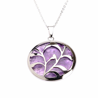 

Round Natural Plant Purple Quartz Crystal Pendant Stainless Steel Necklaces 17