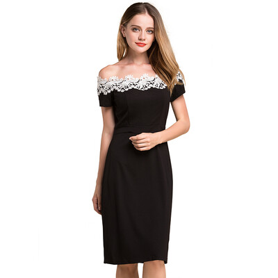 

POPBASIC Women's Retro Lace Mesh Neck Splicing Pencil Tea Party Midi Dress