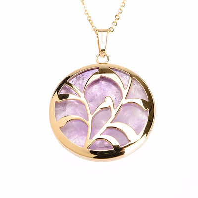 

Round Natural Plant Purple Quartz Crystal Pendant Stainless Steel Necklaces 17"
