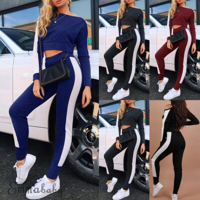 

2Pcs Women Casual Sport Suit Sets Striped Tracksuit Sweatshirt Pants SportWear