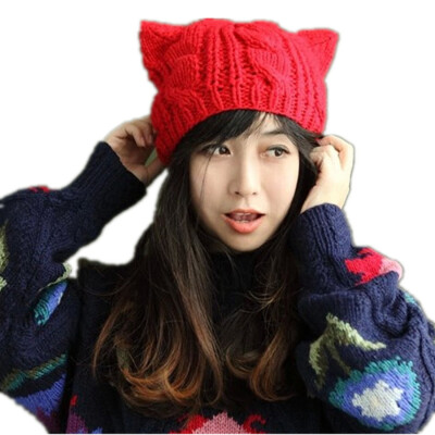 

Women Winter Beanie Devil Horns Cat Ear Crochet Braided Knit Ski Wool Cap Hat RED