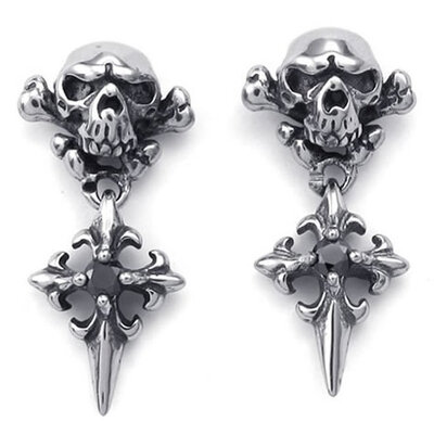 

Hpolw Mens CZ Stainless Steel Vintage Gothic Skull Cross Stud Earrings Black Silver