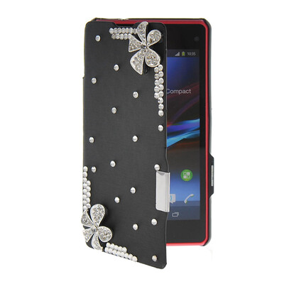 

MOONCASE Rhinestone Crystal Ultre Slim Leather Side Flip Wallet Shell Back Case Cover for Sony Xperia Z1 Compact (Mini) Black