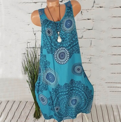 

New Fashion Women Printing Sleeveless Tank Dress Vintage Bohemian Midi Dress