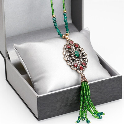 

New Turkish Bead Pendant Necklace For Women Natural Stone Strand Chain Antique Gold Color Resin Tassels Necklace Wedding Jewelry
