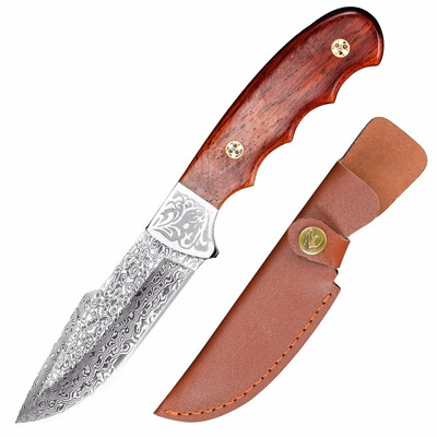 

CHACHEKA Real Damascus Steel Hand-forged Outdoor Knives with Red Sandalwood Handle Leather Scabbard Camping Hunting Knife Gift