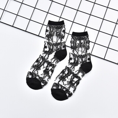 

LIONZONE Newly Women Korean Fashion Lace Ruffle Crystal Silk Ankle Sock Glass Black Sexy Thin Transparent Socks Wholesale