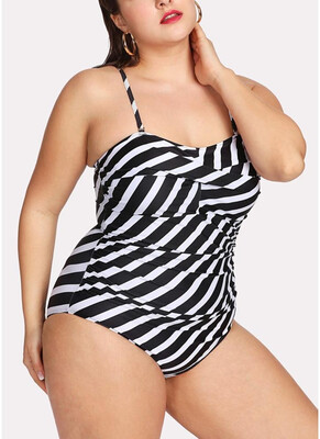 

2018 Plus Size Striped Shoulder Strap Sleeveless One Piece Swimsuit
