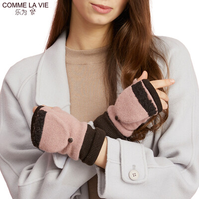 

Le for comme lavie ladies gloves female autumn winter cute half finger dual-use wool warm gloves plus velvet thickening students fingerless women 14FD171 gray pink code