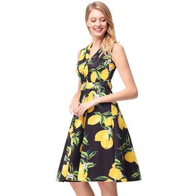 

Vintage 1950s Rockabilly Dress With Floral Lemon Print Party Women Dresses Style Sashes Slim Retro vestidos de festa